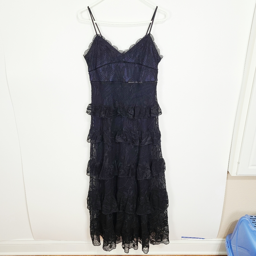Avantlook | NWT Layered Ruffle Lace Midi Dress Black Size Large - Picture 4 of 14
